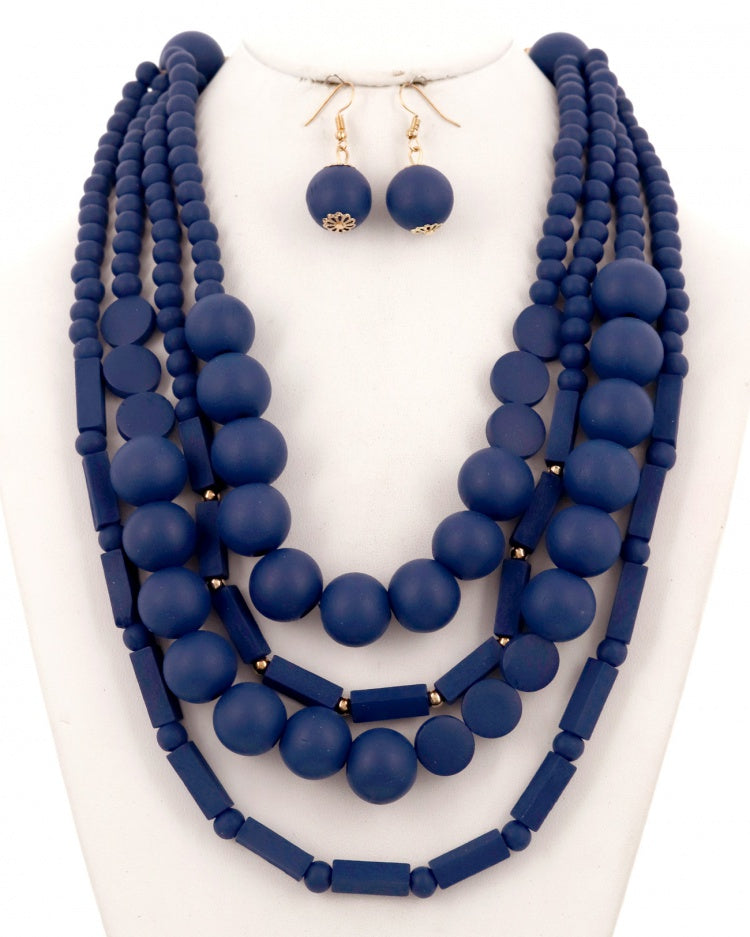 Navy Multi Strand Wood Bead Necklace & Earring Set