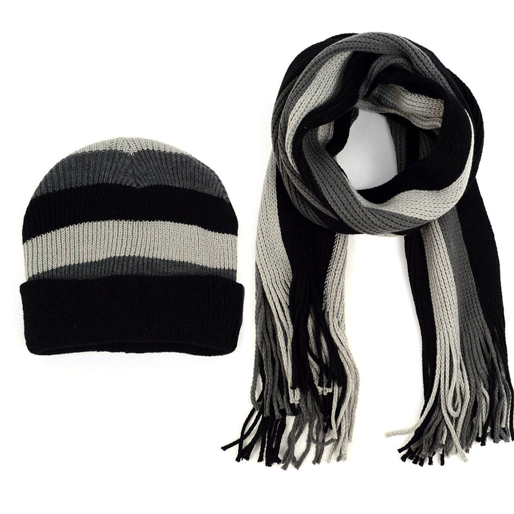 Men's Winter Knit Thick Striped Scarf and Hat Set