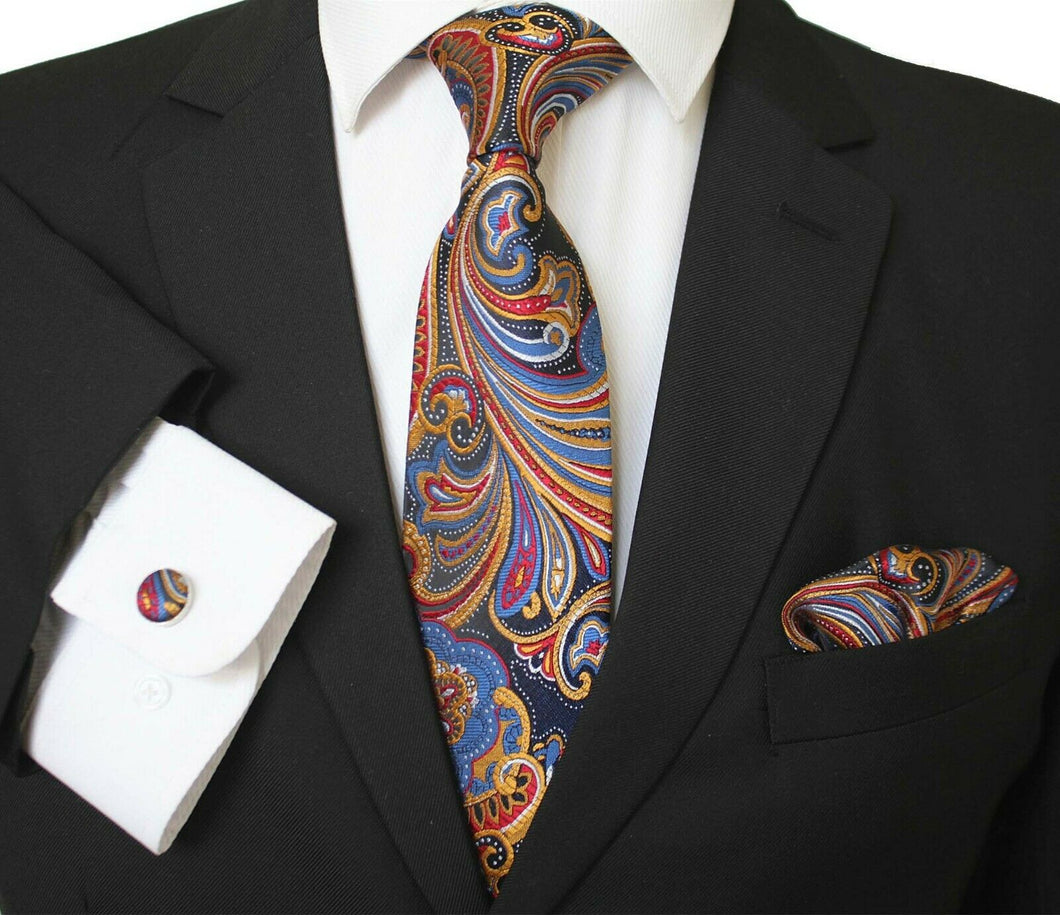 Multi Color Paisley Silk Necktie with Cufflinks & Pocket Square for Men